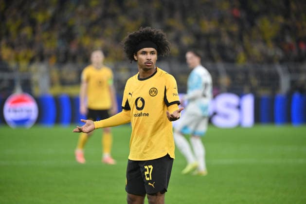 Karim Adeyemi Borussia Dortmund 10 12 2025, Football, UEFA Champions League 2025 2026, Matchday 6, Borussia Dortmund FK Bodö Glimt UEFA regulations prohibit any use of photographs as image sequences and or quasi video Dortmund Signal Iduna Park Nordrhein Westfalen Germany Team2