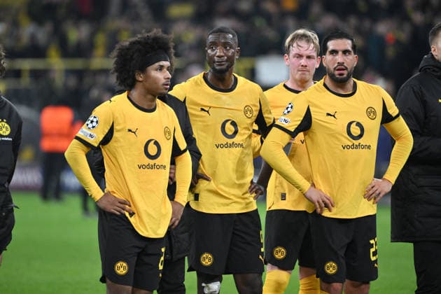 Karim Adeyemi Borussia Dortmund , Serhou Guirassy Borussia Dortmund , Julian Brandt Borussia Dortmund , Emre Can Borussia Dortmund , v li , after the match 10 12 2025, Football, UEFA Champions League 2025 2026, Matchday 6, Borussia Dortmund FK Bodö Glimt UEFA regulations prohibit any use of photographs as image sequences and or quasi video Dortmund Signal Iduna Park Nordrhein Westfalen Germany Team2