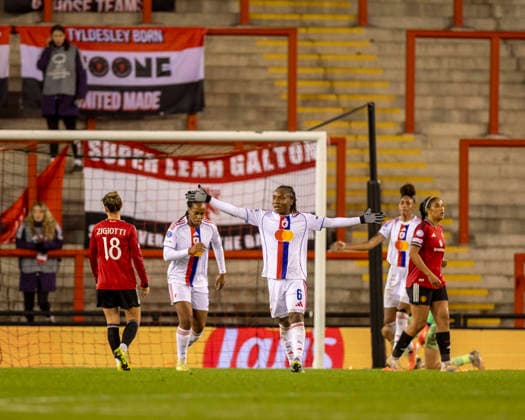 10th December 2025; Leigh Sports Village, Manchester, England; Womens Champions League Football, Manchester United, ManU versus Lyon Women; Melchie Dumornay of OL Lyonnes celebrates scoring a goal to make the score 2-0  TimxWilliams