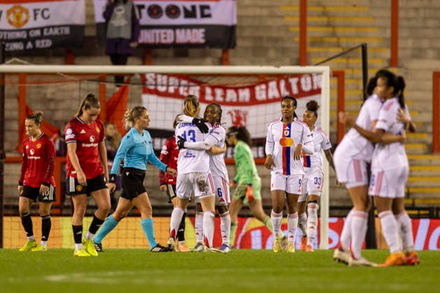 10th December 2025; Leigh Sports Village, Manchester, England; Womens Champions League Football, Manchester United, ManU versus Lyon Women; Melchie Dumornay of OL Lyonnes celebrates scoring a goal to make the score 2-0  TimxWilliams