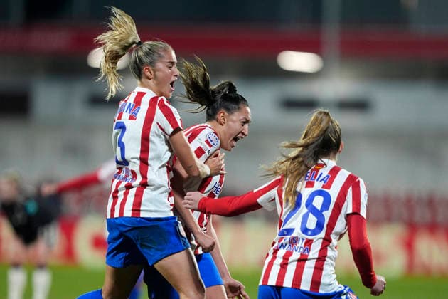 CLUB ATLETICO DE MADRID v FC BAYERN MUNCHEN. UEFA WOMEN S CHAMPIONS LEAGUE 2025 2026. ROUND 5. Club Atletico de Madrid™s Andrea Medina, Fiamma Benitez and Celia Gomez celebrate goal during UEFA Women s Champions League, Round 5. December 10,2025.(ALTERPHOTOS Acero) Alcala de HenaresSpain  Copyright: xAcerox