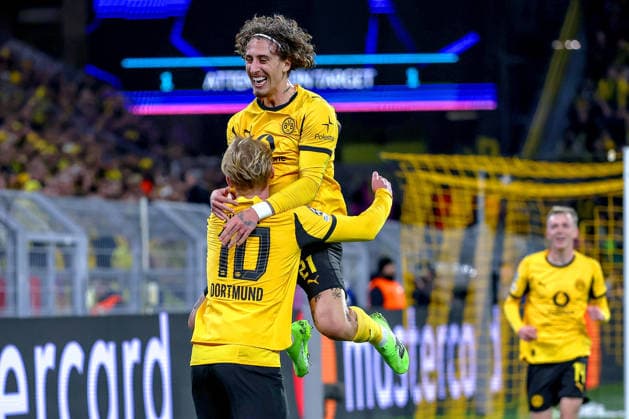 10 12 2025, Football, UEFA Champions League, Borussia Dortmund FK Bodö Glimt, BVB Stadion, Matchday 5, Season 2025 2026 Goal celebration after the 1-0 goal by scorer Julian Brandt BVB 10 together with Fabio Silva BVB 21 Regulations prohibit any use of photographs as image sequences and or quasi video North Rhine-Westphalia Germany
