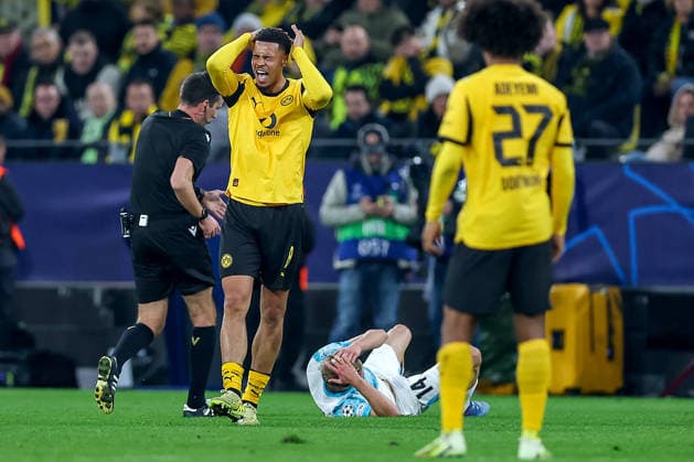 10 12 2025, Football, UEFA Champions League, Borussia Dortmund FK Bodö Glimt, BVB Stadion, Matchday 5, Season 2025 2026 Felix Nmecha BVB 08 gesticulating on the pitch next to Ulrik Saltnes Bodo Glimt lying on the ground 14 Regulations prohibit any use of photographs as image sequences and or quasi video North Rhine-Westphalia Germany