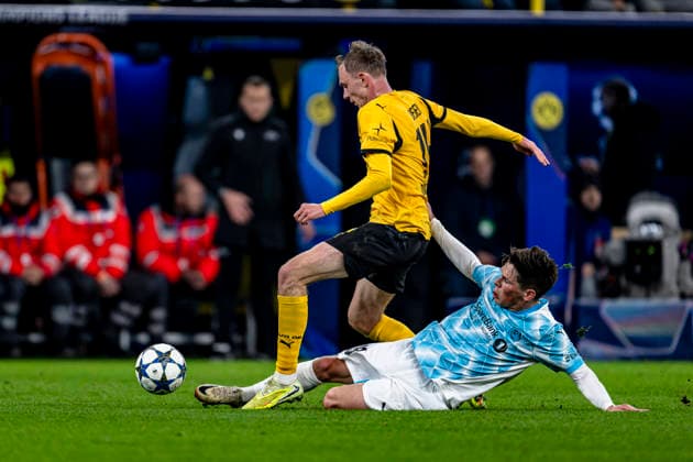 Borussia Dortmund forwarder Maximilian Beier, Bodo Glimt midfielder Fredrik Sjovold, during the match Borussia Dortmund vs FK Bodo Glimt at the BVB Stadion Dortmund for the Champions League League phase Matchday 6 season 2025 2026 in DORTMUND, Germany on 10 December 2025, photo by Stefan Koops EYE4images DeFodi Images