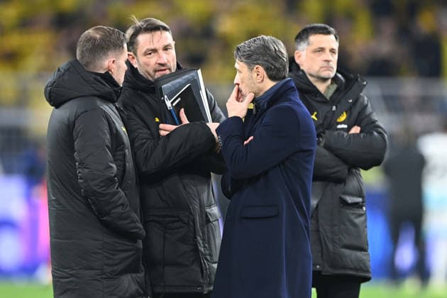 Co Coach Robert KOVAC DO 2 v l , , Coach Niko KOVAC DO 3 v l , Borussia Dortmund enttaeuscht, enttäuscht, Enttäuschung, Enttaeuschung Fußball UEFA Champions League Gruppenphase 6 Spieltag, matchday6, Borussia Dortmund DO FK Bodoe Glimt 2 2 am 10 12 2025 in Dortmund Deutschland UEFA regulations prohibit any use of photographs as image sequences and or quasi video Â