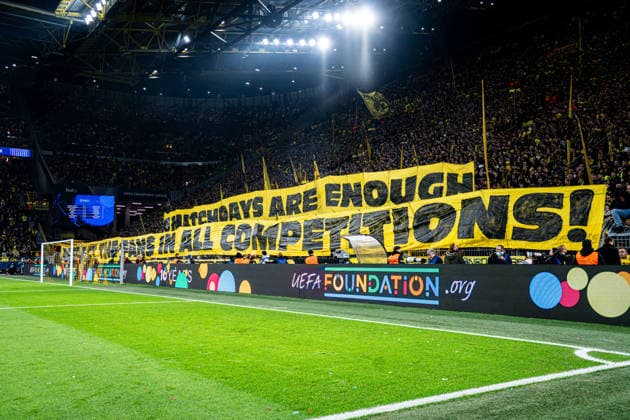 2025-12-10 Borussia Dortmund v FK Bodo Glimt - UEFA Champions League 2025 26 League Phase MD6 DORTMUND, GERMANY - DECEMBER 10: fans of Borussia Dortmund with a tifo including banners saying Matchdays are enough during the UEFA Champions League 2025 26 League Phase MD6 match between Borussia Dortmund and FK Bodo Glimt at BVB Stadion Dortmund on December 10, 2025 in Dortmund, Germany. (Photo by Gabriel Calvino Alonso BSR Agency) Dortmund Germany Content not available for redistribution in The Netherlands directly or indirectly through any third parties. Copyright: xBSRxAgencyx