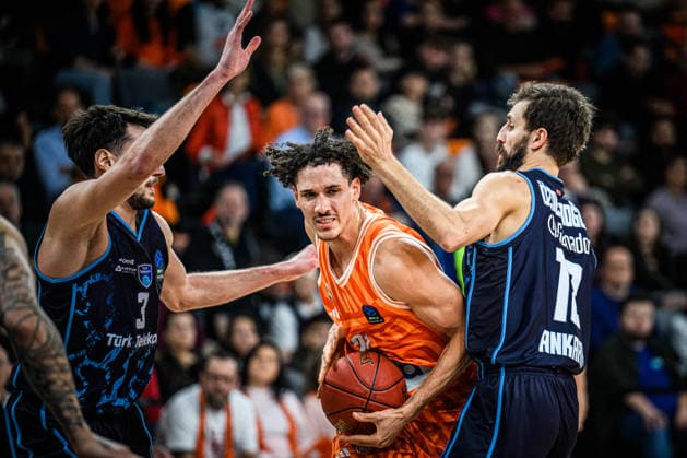 Berkan Durmaz Turk Telekom Ankara , Alec Anigbata ratiopharm ulm and Marko Simonovic Turk Telekom Ankara battle for the ball during the Basketball Eurocup match between ratiopharm ulm and Turk Telekom Ankara at ratiopharm Arena on December 10, 2025 in Neu Ulm, Germany Photo by Harry Langer DeFodi Images