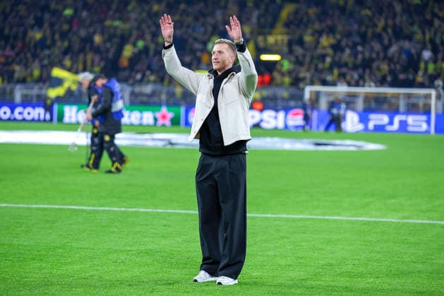 10 12 2025, Football, UEFA Champions League, Borussia Dortmund FK Bodö Glimt, BVB Stadion, Matchday 5, Season 2025 2026 Marco Reus as a guest at the stadium Cheers to the Yellow Wall Regulations prohibit any use of photographs as image sequences and or quasi video North Rhine-Westphalia Germany