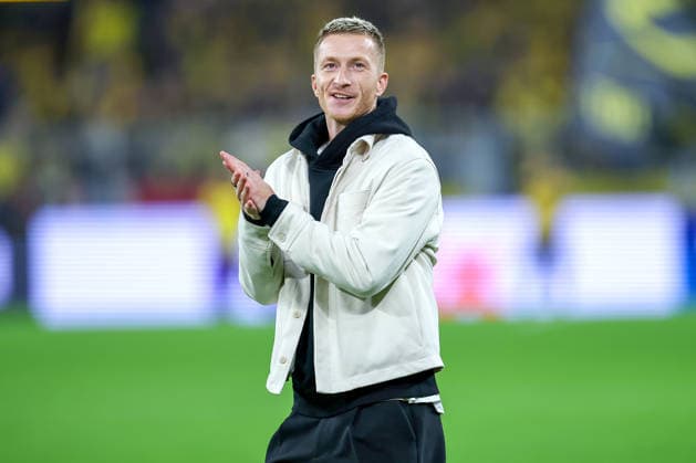 10 12 2025, Football, UEFA Champions League, Borussia Dortmund FK Bodö Glimt, BVB Stadion, Matchday 5, Season 2025 2026 Marco Reus as a guest at the stadium Cheers to the Yellow Wall Regulations prohibit any use of photographs as image sequences and or quasi video North Rhine-Westphalia Germany