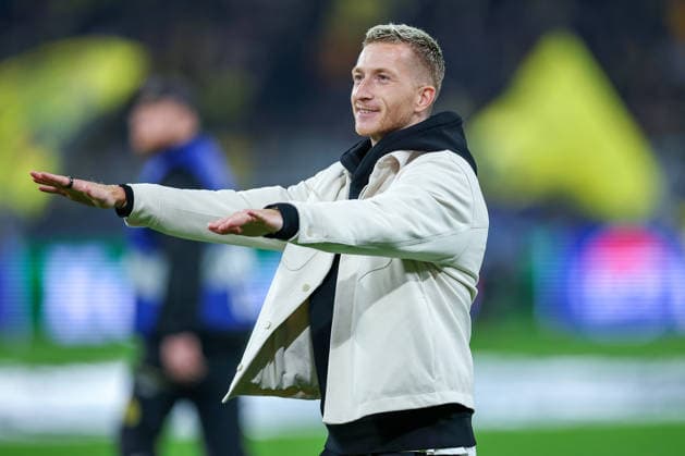 10 12 2025, Football, UEFA Champions League, Borussia Dortmund FK Bodö Glimt, BVB Stadion, Matchday 5, Season 2025 2026 Marco Reus as a guest at the stadium Cheers to the Yellow Wall Regulations prohibit any use of photographs as image sequences and or quasi video North Rhine-Westphalia Germany
