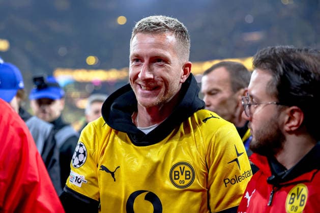 10 12 2025, Football, UEFA Champions League, Borussia Dortmund FK Bodö Glimt, BVB Stadion, Matchday 5, Season 2025 2026 Marco Reus with jersey of Karim Adeyemi BVB 27 at the stadium Regulations prohibit any use of photographs as image sequences and or quasi video North Rhine-Westphalia Germany