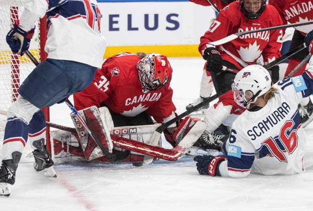 December 10, 2025, Edmonton, Ab, CANADA: United States Hayley Scamurra (16) is stopped by Canada goalie Ann-Renee Desbiens (35) during second period Rivalry Series action in Edmonton on Wednesday, December 10, 2025. Canada News - December 10, 2025  - ZUMAc35_ 20251210_zaf_c35_105 Copyright: xJasonxFransonx