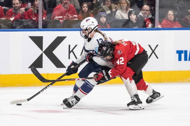 December 10, 2025, Edmonton, Ab, CANADA: United States Grace Zumwinkle (13) and Canada s Claire Thompson (42) battle for the puck during second period Rivalry Series action in Edmonton on Wednesday, December 10, 2025. Canada News - December 10, 2025  - ZUMAc35_ 20251210_zaf_c35_108 Copyright: xJasonxFransonx
