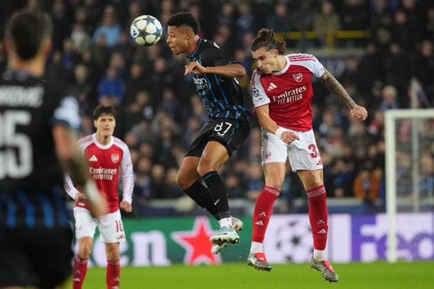 Kaye Furo of Club Brugge and Riccardo Calafiori of Arsenal Club Brugge v Arsenal, UEFA Champions League, Group Stage, Football, Jan Breydel Stadium, Brugge, Belgium - 10 Dec 2025Brugge Jan Breydel Stadium Belgium EDITORIAL USE ONLY No use with unauthorised audio, video, data, fixture lists, club league logos or live services. Online in-match use limited to 120 images, no video emulation. No use in betting, games or single club league player publications. Copyright: xDavidxWinter Shutterstockx 16009951ku