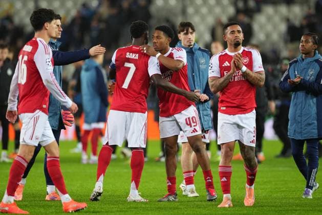 Arsenal celebrate their victory Club Brugge v Arsenal, UEFA Champions League, Group Stage, Football, Jan Breydel Stadium, Brugge, Belgium - 10 Dec 2025Brugge Jan Breydel Stadium Belgium EDITORIAL USE ONLY No use with unauthorised audio, video, data, fixture lists, club league logos or live services. Online in-match use limited to 120 images, no video emulation. No use in betting, games or single club league player publications. Copyright: xDavidxWinter Shutterstockx 16009951lo