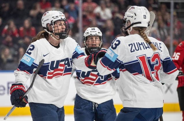 December 10, 2025, Edmonton, Ab, CANADA: United States Kelly Pannek (12), Kendall Coyne Schofield (26) and Grace Zumwinkle (13) celebrate a goal against Canada during second period Rivalry Series action in Edmonton on Wednesday, December 10, 2025. Canada News - December 10, 2025  - ZUMAc35_ 20251210_zaf_c35_117 Copyright: xJasonxFransonx