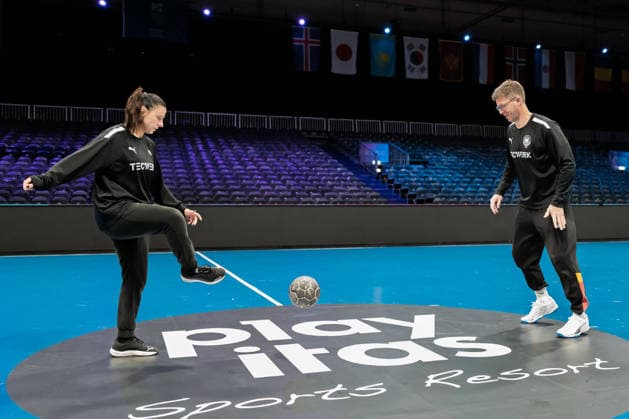 Handball, Womens World Cup Germany Training Goalkeeping Coach Jasmina Rebmann Jankovic Germany , Coach Markus Gaugisch Germany with the Football Rotterdam Ahoey Netherlands