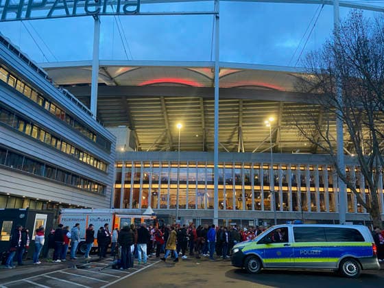 before start of match admission control long queue in front of entrance fans police car police in front of stadium blue hour VfB Stuttgart vs Maccabi Tel Aviv FC EUROPA LEAGUE EL 11 12 2025 DFL REGULATIONS PROHIBIT ANY USE OF PHOTOGRAPHS AS IMAGE SEQUENCES AND OR QUASI VIDEO VfB Stuttgart vs Maccabi Tel Aviv FC EUROPA LEAGUE EL