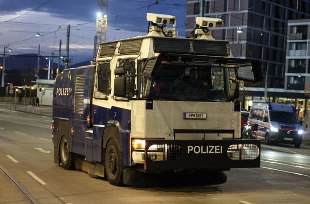 SOCCER - UEFA EL, Sturm vs Red Star GRAZ,AUSTRIA,11.DEC.25 - SOCCER - UEFA Europa League, SK Sturm Graz vs Red Star Belgrade. Image shows Police operation with a water cannon.  GEPAxpictures xWolfgangxGrebien