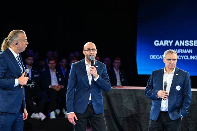 Decathlon - CMA CGM Cycling Team 2026 Presentation Marc Chavez (speaker), Gary Anssens (Chairman of the Decathlon cycling team), and Dominique Serieys (CEO of the Chairman of Decathlon - CMA CGM cycling team) participate in the team presentation ahead of the upcoming 2026 season in Villeneuve d Ascq, France, on December 11, 2025. Villeneuve d Ascq France  Copyright: xGautierxDemouveauxx originalFilename:demouveaux-notitle251211_npxN8.jpg