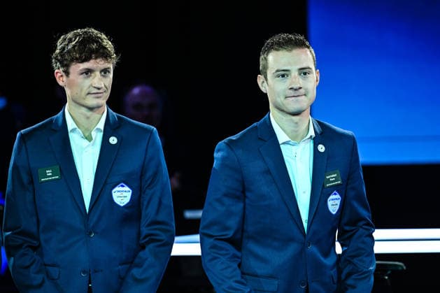 Decathlon - CMA CGM Cycling Team 2026 Presentation Swiss rider Felix Gall and French rider Pierre Gautherat participate in the team presentation ahead of the upcoming 2026 season in Villeneuve d Ascq, France, on December 11, 2025. Villeneuve d Ascq France  Copyright: xGautierxDemouveauxx originalFilename:demouveaux-notitle251211_npAdZ.jpg