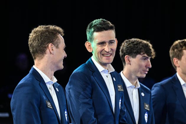 Decathlon - CMA CGM Cycling Team 2026 Presentation Belgian rider Tiesj Benoot participates in the team presentation ahead of the 2026 season in Villeneuve d Ascq, France, on December 11, 2025, at the Decathlon Campus store. Villeneuve d Ascq France  Copyright: xGautierxDemouveauxx originalFilename:demouveaux-notitle251211_npged.jpg