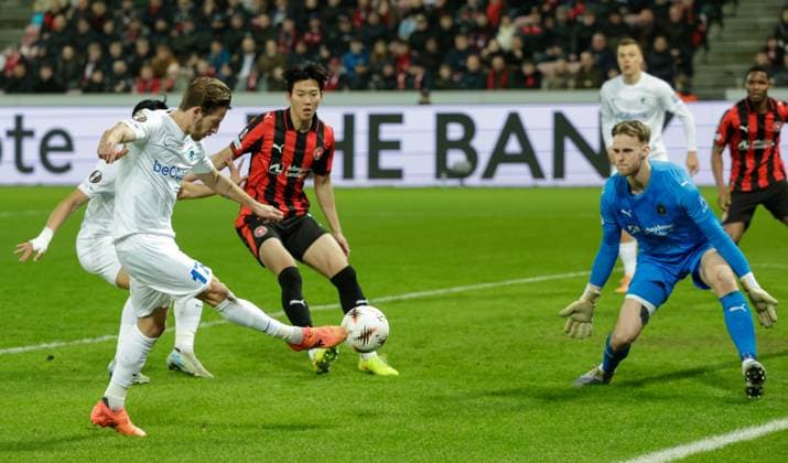 Genk s Patrik Hrosovsky fights for the ball during a soccer game between Danish FC Midtjylland and Belgian KRC Genk, on Thursday 11 December 2025 in Herning, Denmark, on the sixth game (out of 8) in the league phase of the UEFA Europa League competition. LEONxGONZALES  x148221350x