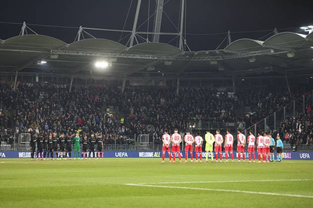 SOCCER - UEFA EL, Sturm vs Red Star GRAZ,AUSTRIA,11.DEC.25 - SOCCER - UEFA Europa League, SK Sturm Graz vs Red Star Belgrade. Image shows team of Sturm and team of Red Star.  GEPAxpictures xChrisxBauer
