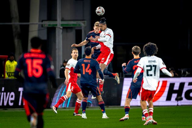 FC Utrecht forwarder Sebastien Haller, Nottingham Forest FC defender Zach Abbott during the match FC Utrecht vs Nottingham Forest FC at the Stadium de Galgenwaard for the Europa League League League phase Matchday 6 season 2025 2026 in UTRECHT, Netherlands on 11 december 2025, photo by Marcel van Dorst EYE4images DeFodi Images