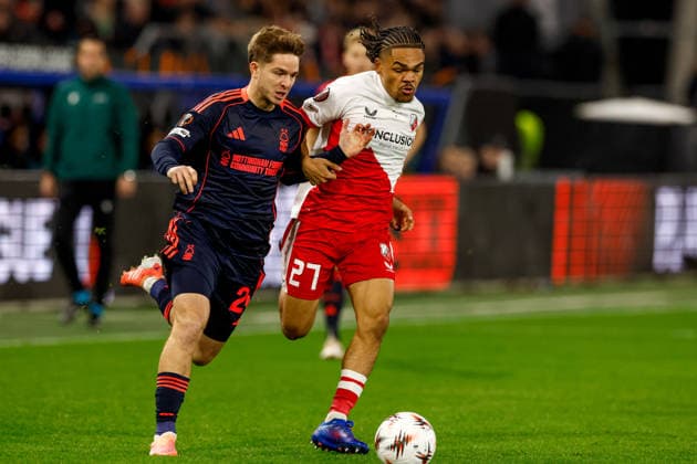 2025-12-11 FC Utrecht v Nottingham Forest FC - UEFA Europa League 2025 26 League Phase MD6 UTRECHT, NETHERLANDS - DECEMBER 11: James McAtee of Nottingham Forest FC battles for possession with Alonzo Engwanda of FC Utrecht during the UEFA Europa League 2025 26 League Phase MD6 match between FC Utrecht and Nottingham Forest FC at Stadion Galgenwaard on December 11, 2025 in Utrecht, Netherlands. Utrecht Stadion Galgenwaard Netherlands Content not available for redistribution in The Netherlands directly or indirectly through any third parties. Copyright: xBenxGalx