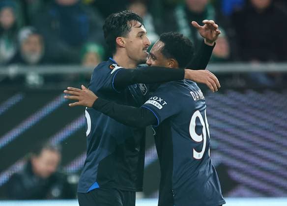 Bojan Miovski of Rangers celebrates scoring the opening goal with team-mate Danilo of Rangers Ferencvaros v Rangers, UEFA Europa League, Group Stage, Football, Groupama Arena, Budapest, Hungary - 11 Dec 2025Budapest Groupama Arena Hungary EDITORIAL USE ONLY No use with unauthorised audio, video, data, fixture lists, club league logos or live services. Online in-match use limited to 120 images, no video emulation. No use in betting, games or single club league player publications.  Copyright: xMichaelxZemanek Shutterstockx 16080575r