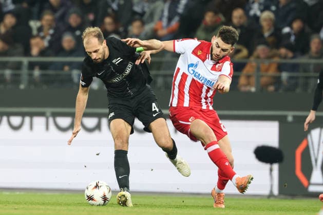 SOCCER - UEFA EL, Sturm vs Red Star GRAZ,AUSTRIA,11.DEC.25 - SOCCER - UEFA Europa League, SK Sturm Graz vs Red Star Belgrade. Image shows Jon Gorenc Stankovic (Sturm) and Nair Tiknizyan (Red Star).  GEPAxpictures xChrisxBauer