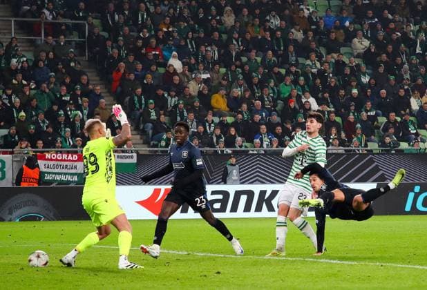 Bojan Miovski of Rangers scores his sides first goal during UEFA Europa League league phase match at the Groupama Arena, Budapest. Ferencvaros v Rangers - UEFA Europa League - League Phase - Groupama Arena, Budapest, Hungary - 11 Dec 2025Budapest Groupama Arena United Kingdom  Copyright: xO Rourke RangersxFC Shutterstockx 16081545o