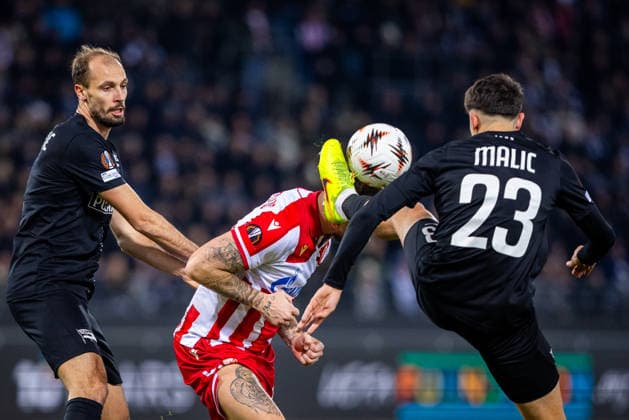 STURM GRAZ - CRVENA ZVEZDA Arjan Malic, Jon Gorenc Stankovic of Sturm and Marko Arnautovic of Crvena Zvezda during the league phase of UEFA Europa league football match between SK Sturm Graz and FK Crvena Zvezda Belgrade. Graz, Austria, December 11, 2025. Photo by Branislav Racko Copyright: xx 080A3525