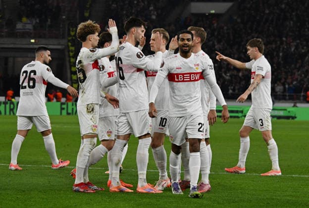 11 12 2025, xsltx, Football UEFA Europa League, VfB Stuttgart Maccabi Tel Aviv v l Lorenz Assigon VfB Stuttgart celebrate the goal, The goal celebration for 1 0 Stuttgart