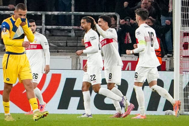 Football UEFA Europa League 2025 26, Matchday 6 VfB Stuttgart vs Maccabi Tel Aviv FC Arena Stuttgart Germany Goal and goal celebration to 1 0 by Lorenz Assignon VfB Stuttgart, 22 Joy, emotions, jubilation Stuttgart Baden Württemberg Germany Copyright: xJOERANxSTEINSIEKx