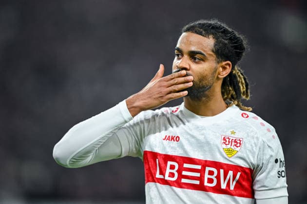 Lorenz Assignon VfB Stuttgart celebrates after scoring his team s first goal during the UEFA Europa League 2025 26 League Phase MD6 match between VfB Stuttgart and Maccabi Tel Aviv FC at Stuttgart Arena on December 11, 2025 in Stuttgart, Germany Photo by Harry Langer DeFodi Images