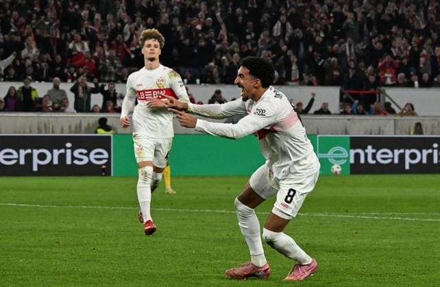 11 12 2025, xsltx, Football UEFA Europa League, VfB Stuttgart Maccabi Tel Aviv v l Tiago Tomas VfB Stuttgart celebrate the goal, The goal celebration for 2 0 Stuttgart
