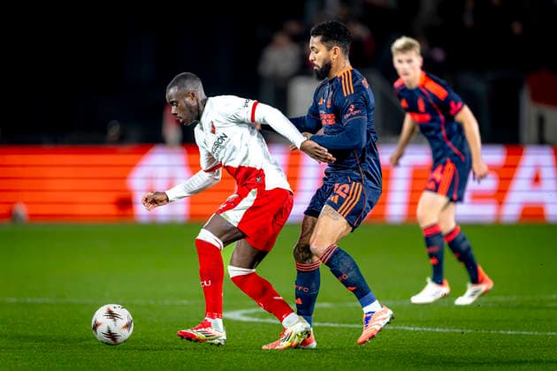 FC Utrecht forwarder Yoann Cathline, Nottingham Forest FC midfielder Douglas Luiz during the match FC Utrecht vs Nottingham Forest FC at the Stadium de Galgenwaard for the Europa League League phase Matchday 6 season 2025 2026 in UTRECHT, Netherlands on 11 december 2025, photo by Marcel van Dorst EYE4images DeFodi Images