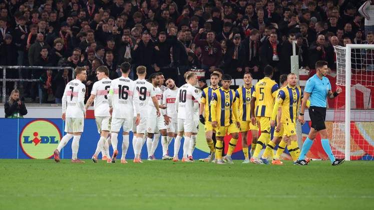 Stuttgart, soccer UEFA Europa League, season 2025 2026, VfB Stuttgart vs Maccabi Tel Aviv, cheering after the 2-0 goal, scorer Tiago Tomas VfB