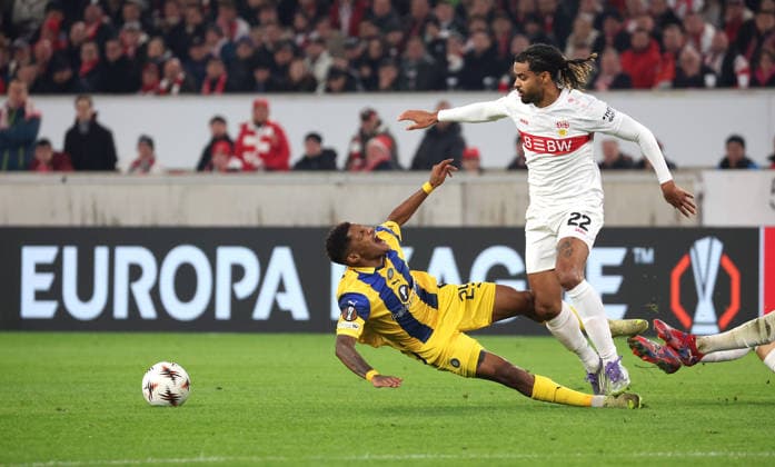 Stuttgart, Football UEFA Europa League, Season 2025 2026, VfB Stuttgart vs Maccabi Tel Aviv, v l Helio Varela Tel , Lorenz Assignon VfB