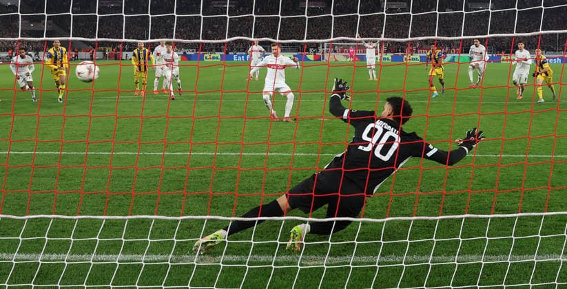 Stuttgart , Football UEFA Europa League VfB Stuttgart vs Maccabi Tel Aviv , Goal for 3 0 , Maximilian Mittelstädt VfB converts a penalty against Roi Mishpati Tel Aviv