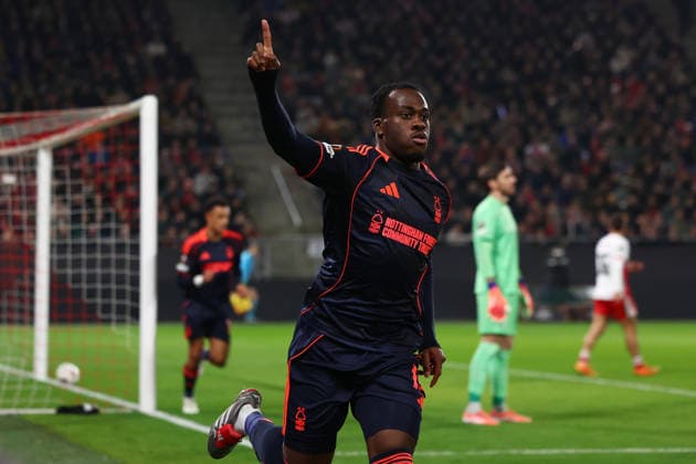 Utrecht, Netherlands, 11th December 2025. Arnaud Kalimuendo of Nottingham Forest celebrates after scoring to make it 1-0 during the FC Utrecht vs Nottingham Forest UEFA Europa League match at Stadion Galgenwaard, Utrecht. Picture credit should read: Paul Terry Sportimage EDITORIAL USE ONLY. No use with unauthorised audio, video, data, fixture lists, club league logos or live services. Online in-match use limited to 120 images, no video emulation. No use in betting, games or single club league player publications. SPI_027_PT_Utrecht_Notts_Forest_ SPI-4361-0027