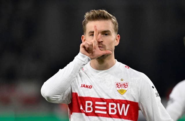 GOAL for 3 0 Penalty, penalty kick Maximilian Mittelstaedt VfB Stuttgart 07 Goal celebration Gesture Gesture VfB Stuttgart vs Maccabi Tel Aviv FC EUROPA LEAGUE EL 11 12 2025 DFL REGULATIONS PROHIBIT ANY USE OF PHOTOGRAPHS AS IMAGE SEQUENCES AND OR QUASI VIDEO VfB Stuttgart vs Maccabi Tel Aviv FC EUROPA LEAGUE EL