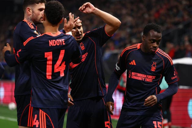 Utrecht, Netherlands, 11th December 2025. Arnaud Kalimuendo ( R) of Nottingham Forest celebrates after scoring to make it 1-0 during the FC Utrecht vs Nottingham Forest UEFA Europa League match at Stadion Galgenwaard, Utrecht. Picture credit should read: Paul Terry Sportimage EDITORIAL USE ONLY. No use with unauthorised audio, video, data, fixture lists, club league logos or live services. Online in-match use limited to 120 images, no video emulation. No use in betting, games or single club league player publications. SPI_033_PT_Utrecht_Notts_Forest_ SPI-4361-0033