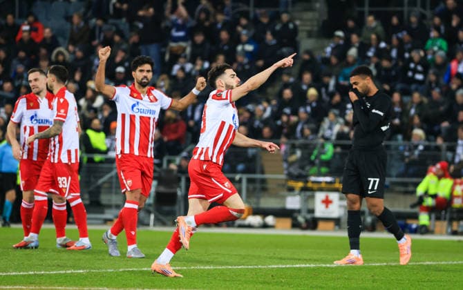 SOCCER - UEFA EL, Sturm vs Red Star GRAZ,AUSTRIA,11.DEC.25 - SOCCER - UEFA Europa League, SK Sturm Graz vs Red Star Belgrade. Image shows the rejoicing of Nair Tiknizyan (Red Star).  GEPAxpictures xWolfgangxGrebien