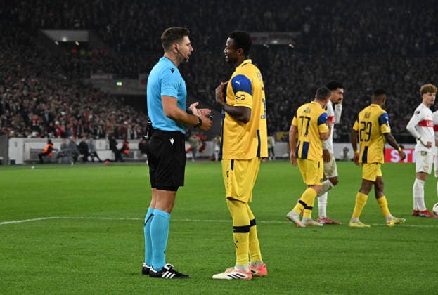 11 12 2025, xsltx, Football UEFA Europa League, VfB Stuttgart Maccabi Tel Aviv v l Referee Marian Alexandru Barbu Romania Mohamed Camara Maccabi Tel Aviv Stuttgart