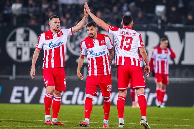 STURM GRAZ - CRVENA ZVEZDA Timi Max Elsnik, Milos Veljkovic, Rade Krunic of Crvena Zvezda celebrate a goal during the league phase of UEFA Europa league football match between SK Sturm Graz and FK Crvena Zvezda Belgrade. Graz, Austria, December 11, 2025. Photo by Branislav Racko Copyright: xx 080A3882