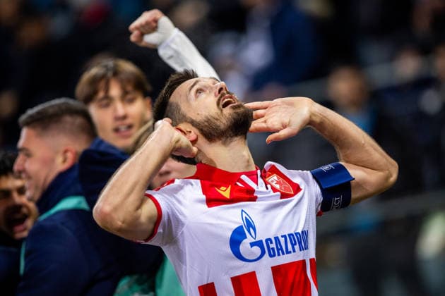 STURM GRAZ - CRVENA ZVEZDA Mirko Ivanic of Crvena Zvezda celebrates a goal during the league phase of UEFA Europa league football match between SK Sturm Graz and FK Crvena Zvezda Belgrade. Graz, Austria, December 11, 2025. Photo by Branislav Racko Copyright: xx 080A4030