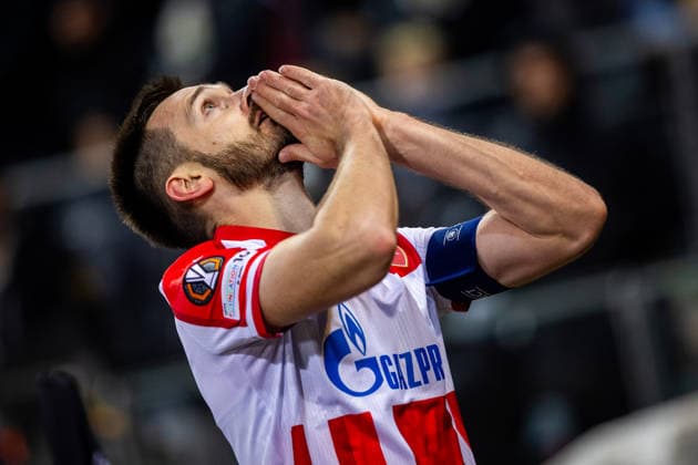 STURM GRAZ - CRVENA ZVEZDA Mirko Ivanic of Crvena Zvezda celebrates a goal during the league phase of UEFA Europa league football match between SK Sturm Graz and FK Crvena Zvezda Belgrade. Graz, Austria, December 11, 2025. Photo by Branislav Racko Copyright: xx 080A4039